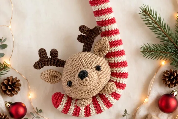 A crocheted reindeer ornament tucked into a red and white striped candy cane, hanging on a Christmas tree