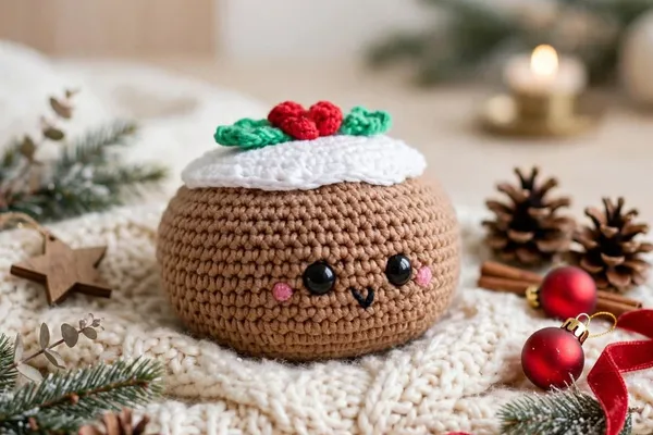 A crocheted Christmas pudding with a smiling face, white icing, holly leaves and red berries, sitting in front of a Christmas tree