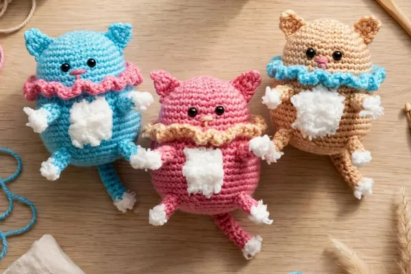 Three crocheted amigurumi cats in blue, pink and beige with ruffled collars and fluffy white bellies, sitting close together