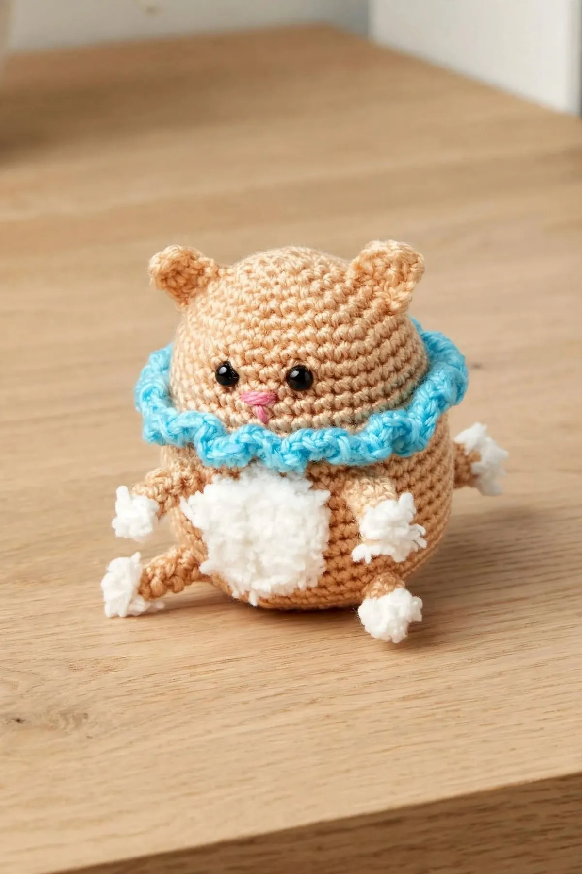 A beige crocheted cat with a blue ruffle collar, white belly and white paws