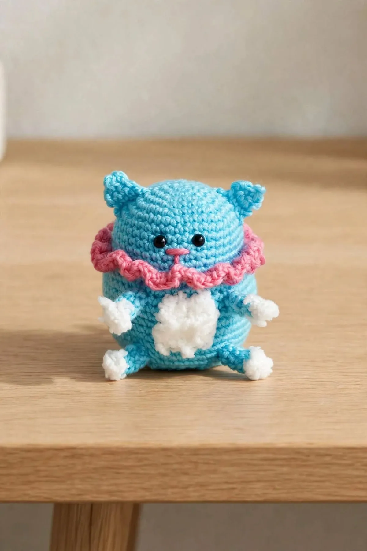 A blue crocheted cat with a pink ruffle collar and fluffy white belly and paws on a wooden table