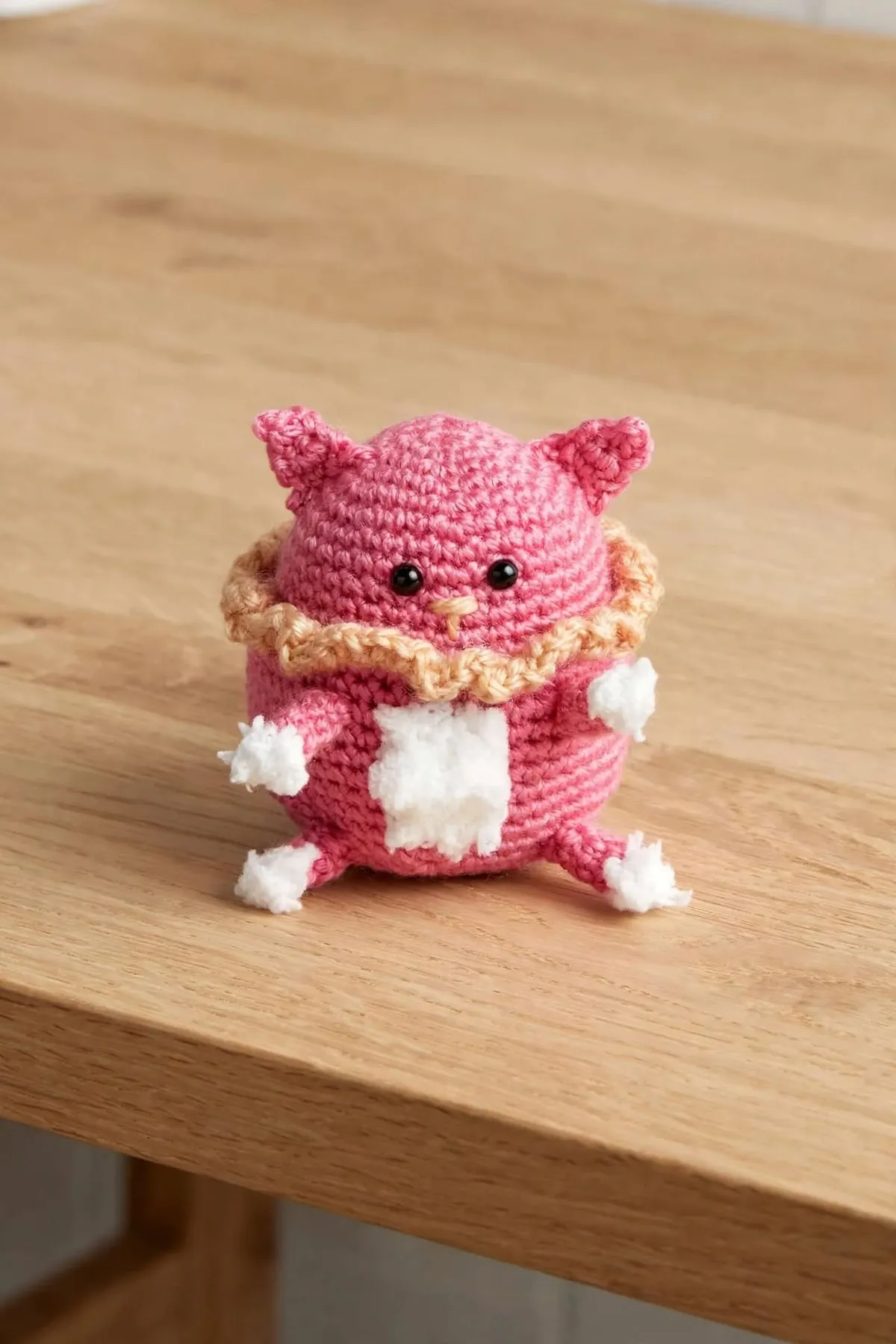 A pink crocheted cat with a beige ruffle collar and fluffy white belly and paws on a wooden table