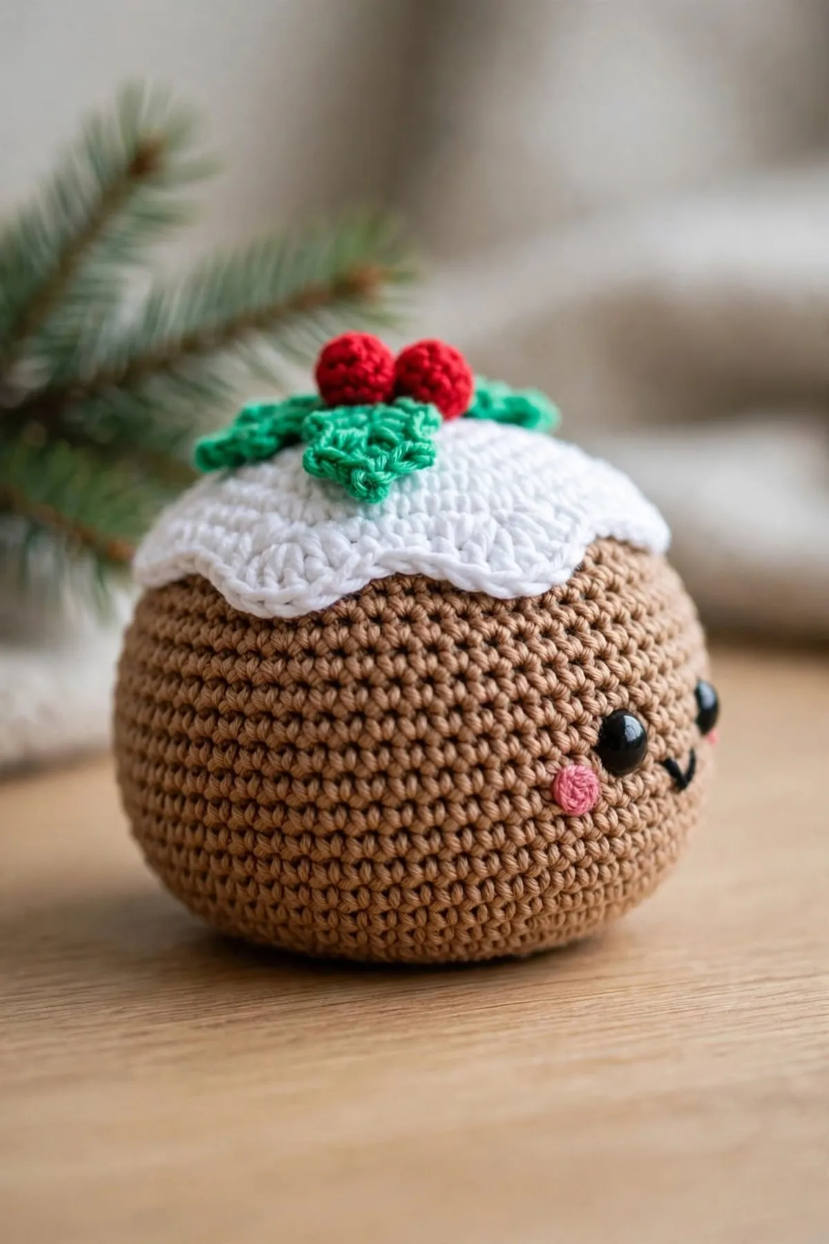 A crocheted Christmas pudding with a smiling face, white icing, holly leaves and red berries, sitting in front of a Christmas tree
