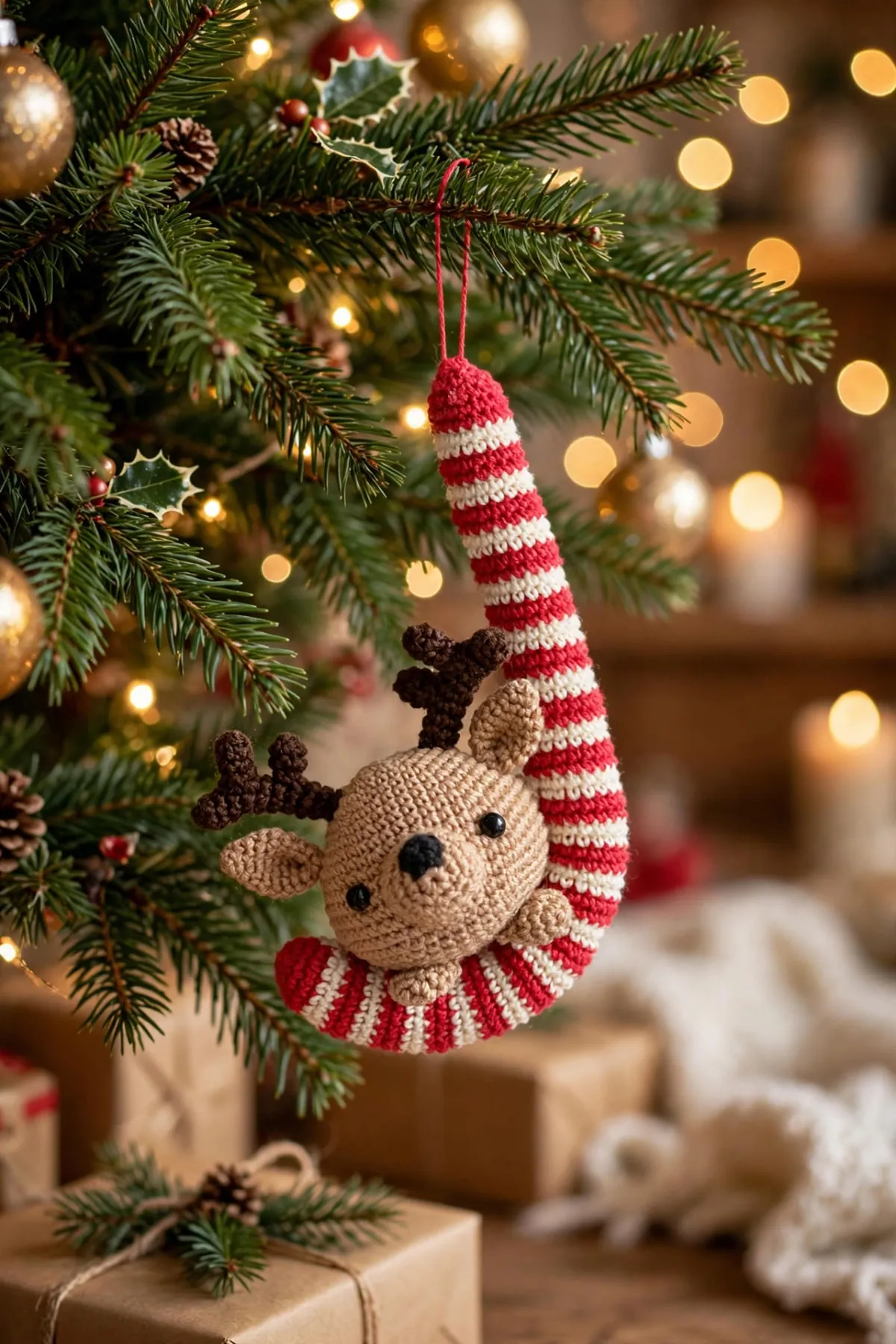 A crocheted reindeer ornament tucked into a red and white striped candy cane, hanging on a Christmas tree