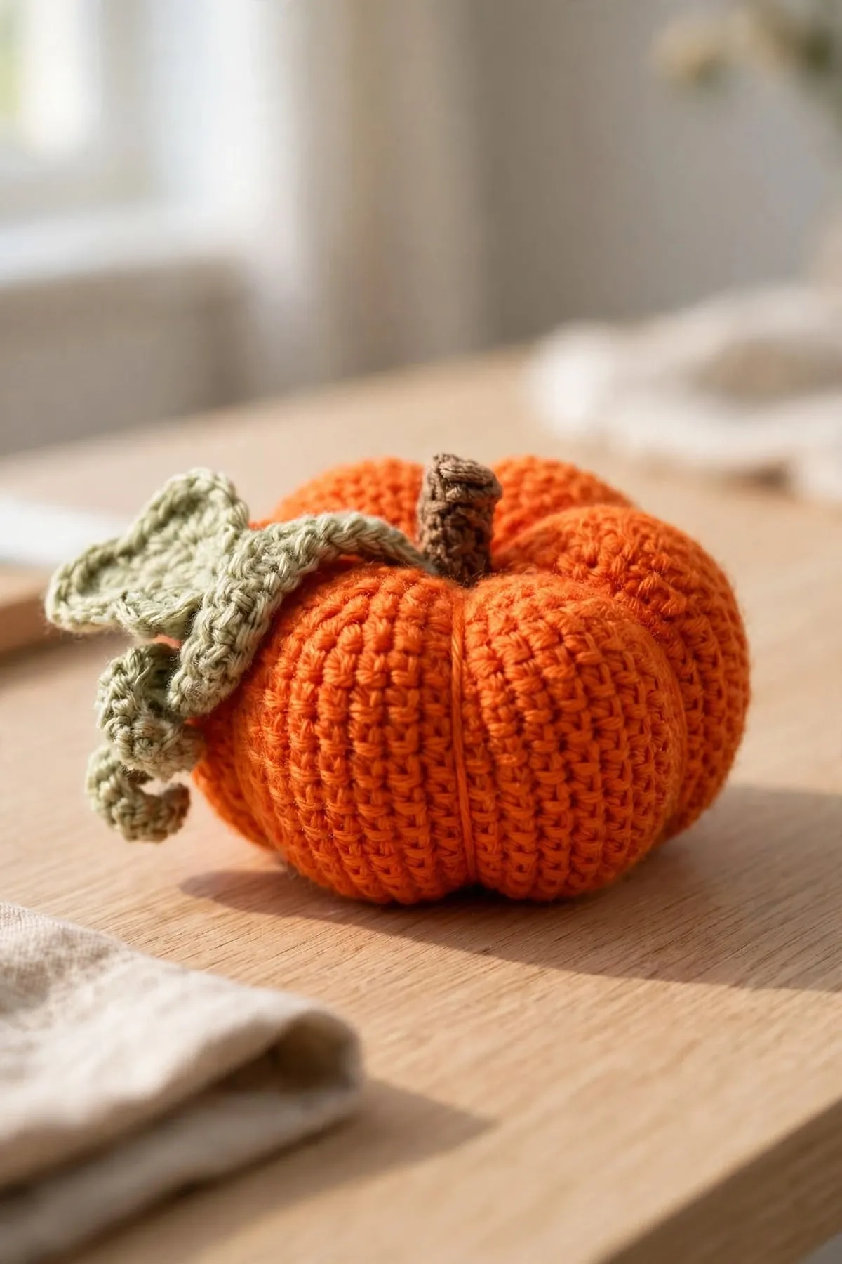 A large crocheted orange pumpkin with a brown stem, a sage green leaf and a curly vine, on a wooden table
