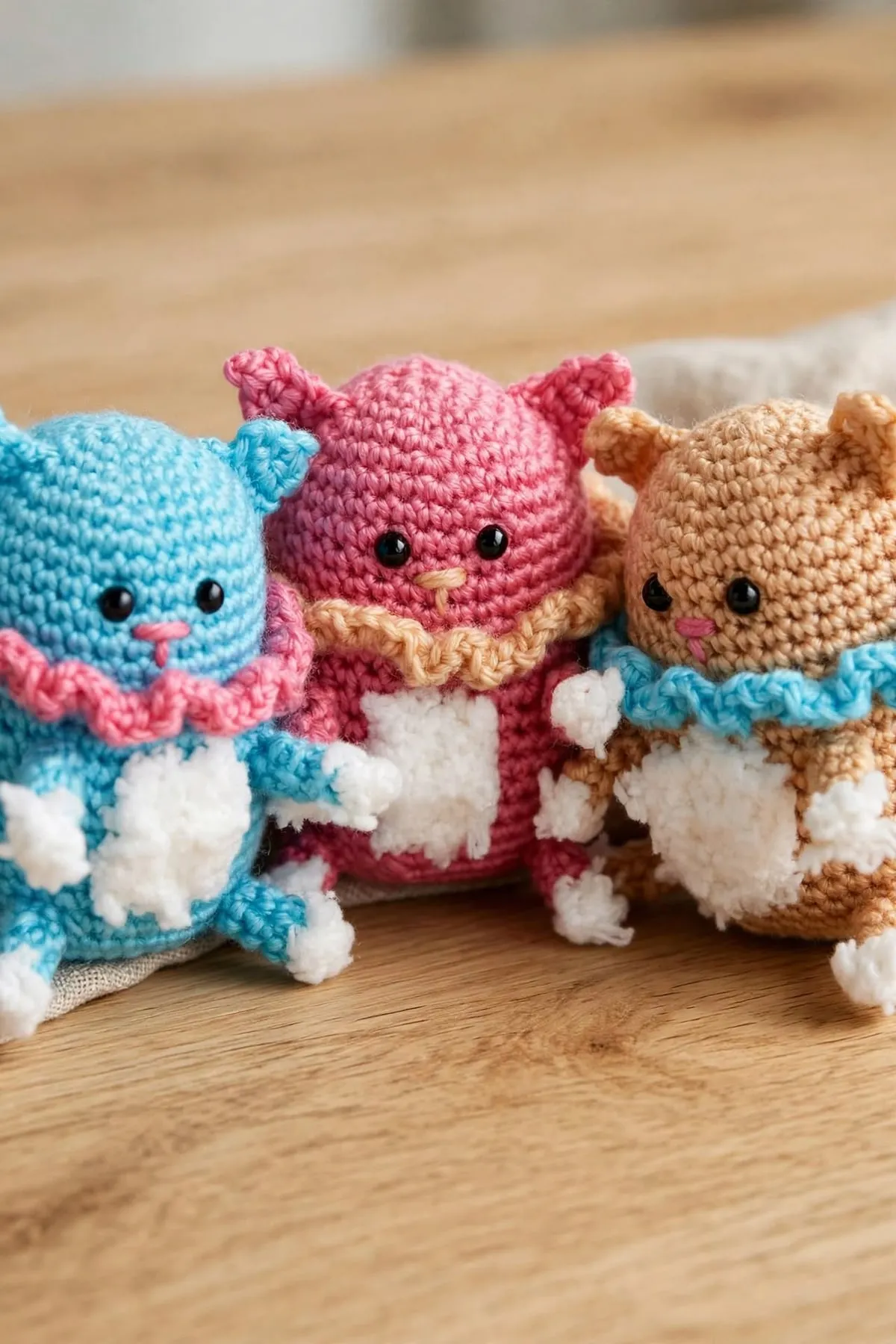 Three crocheted amigurumi cats in blue, pink and beige with ruffled collars and fluffy white bellies, sitting close together