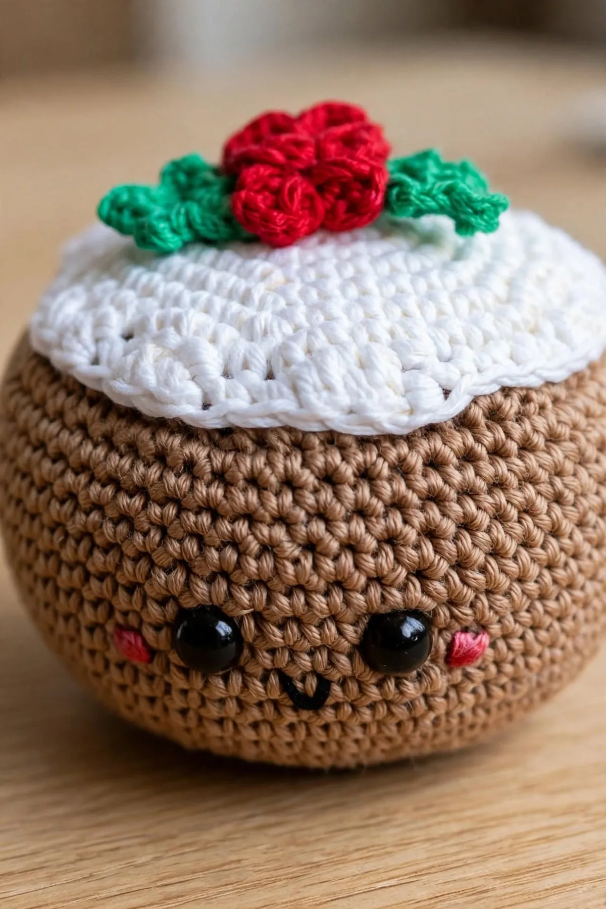 A close-up of the crocheted Christmas pudding’s smiling face, pink cheeks and drippy white icing