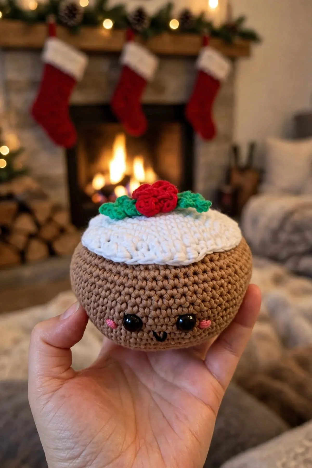 A hand holding the crocheted Christmas pudding in front of a cozy fireplace with stockings
