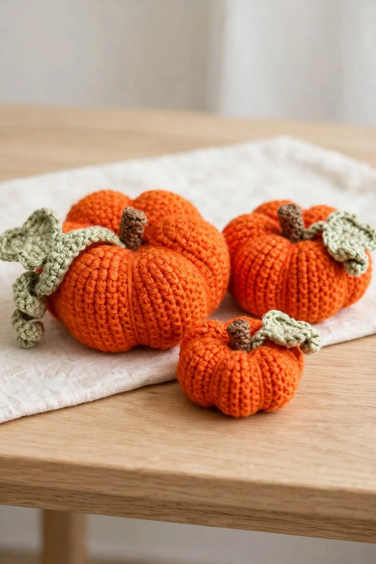 Three crocheted pumpkins in small, medium and large sizes on a linen cloth