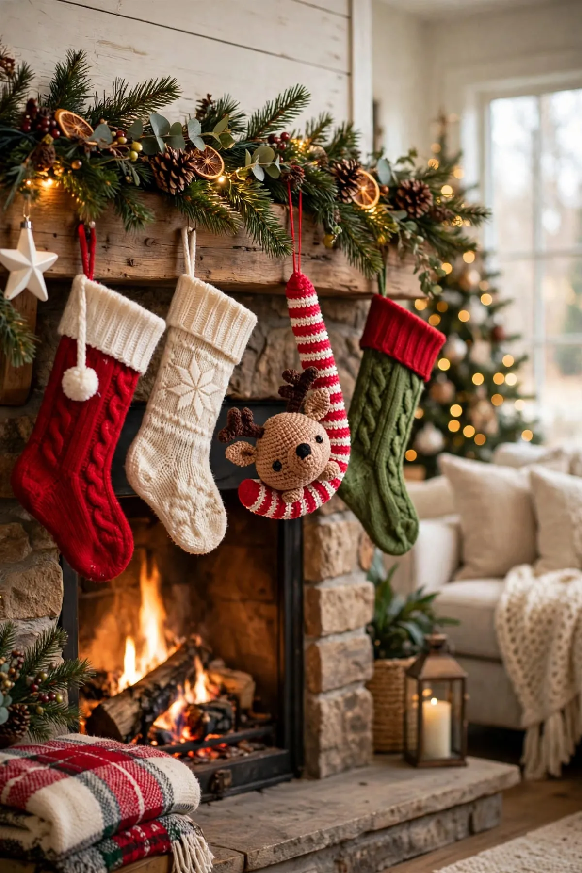 The crocheted reindeer candy cane ornament hanging on a mantel between knitted Christmas stockings