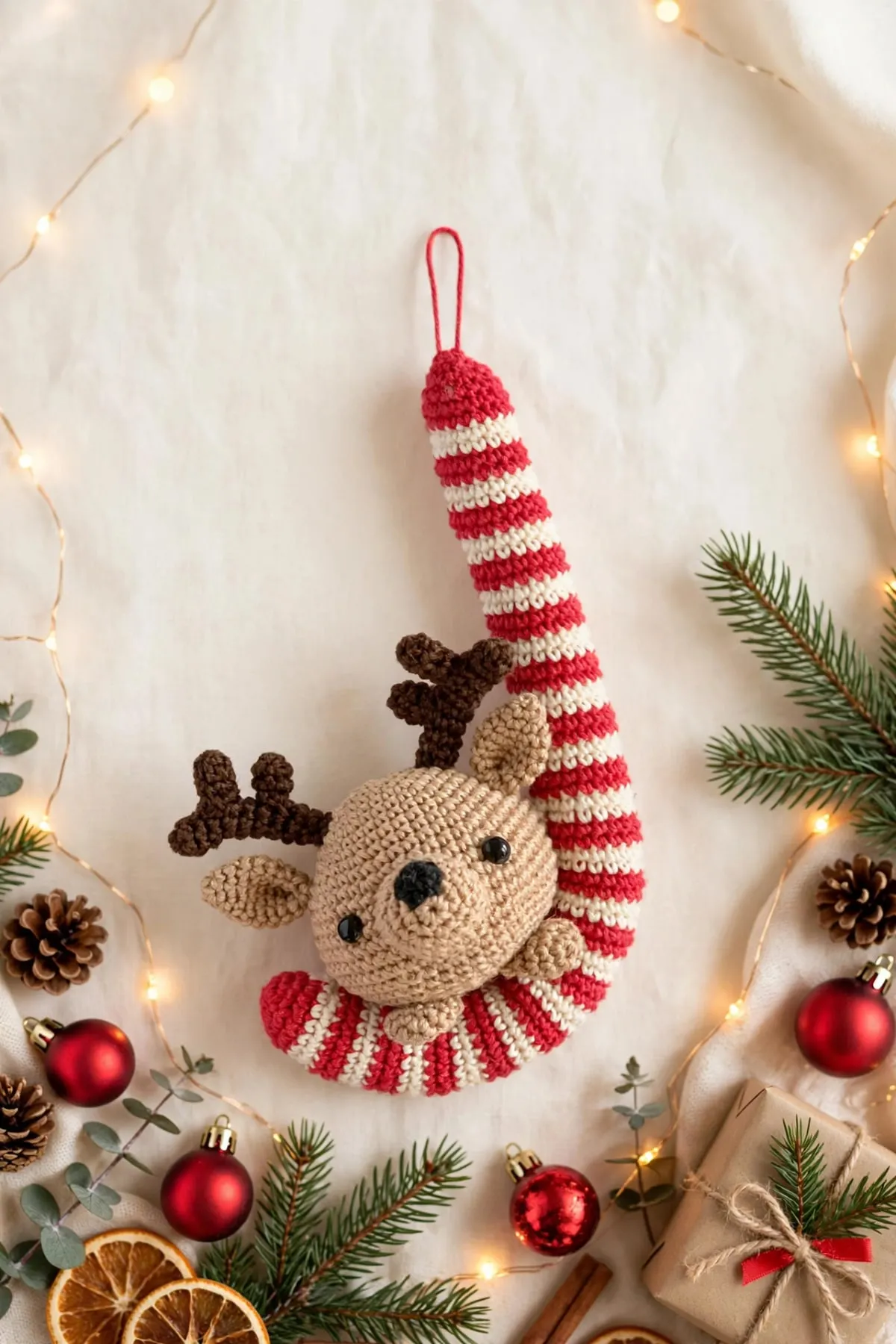The crocheted reindeer candy cane ornament laid flat on a cream cloth with pine branches, pine cones and red baubles