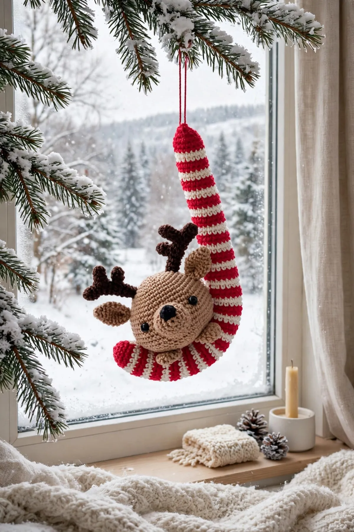 The crocheted reindeer candy cane ornament hanging from a snowy branch in front of a winter window