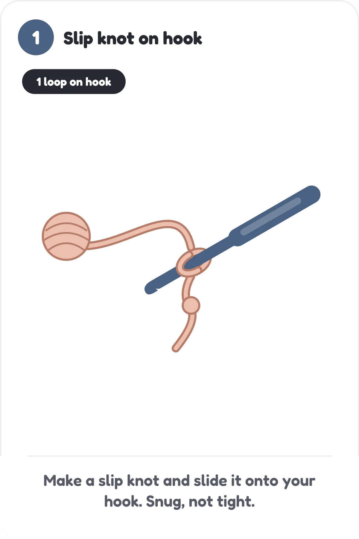 A slip knot sitting on a crochet hook, with the tail hanging below and the working yarn going to the ball
